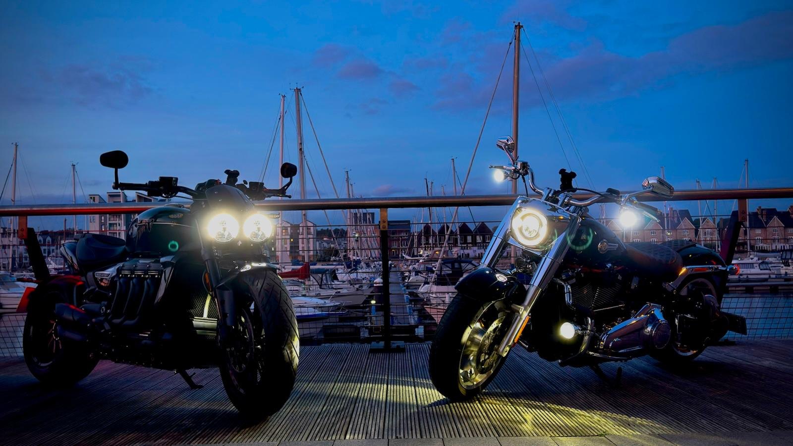 Two bikes at the marina at dusk