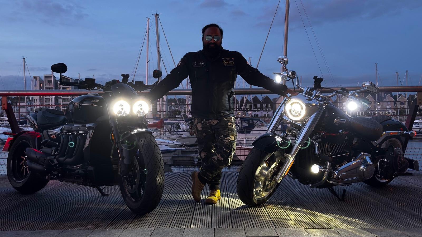 Triumph Rocket 3 and Harley Fat Boy on the boardwalk