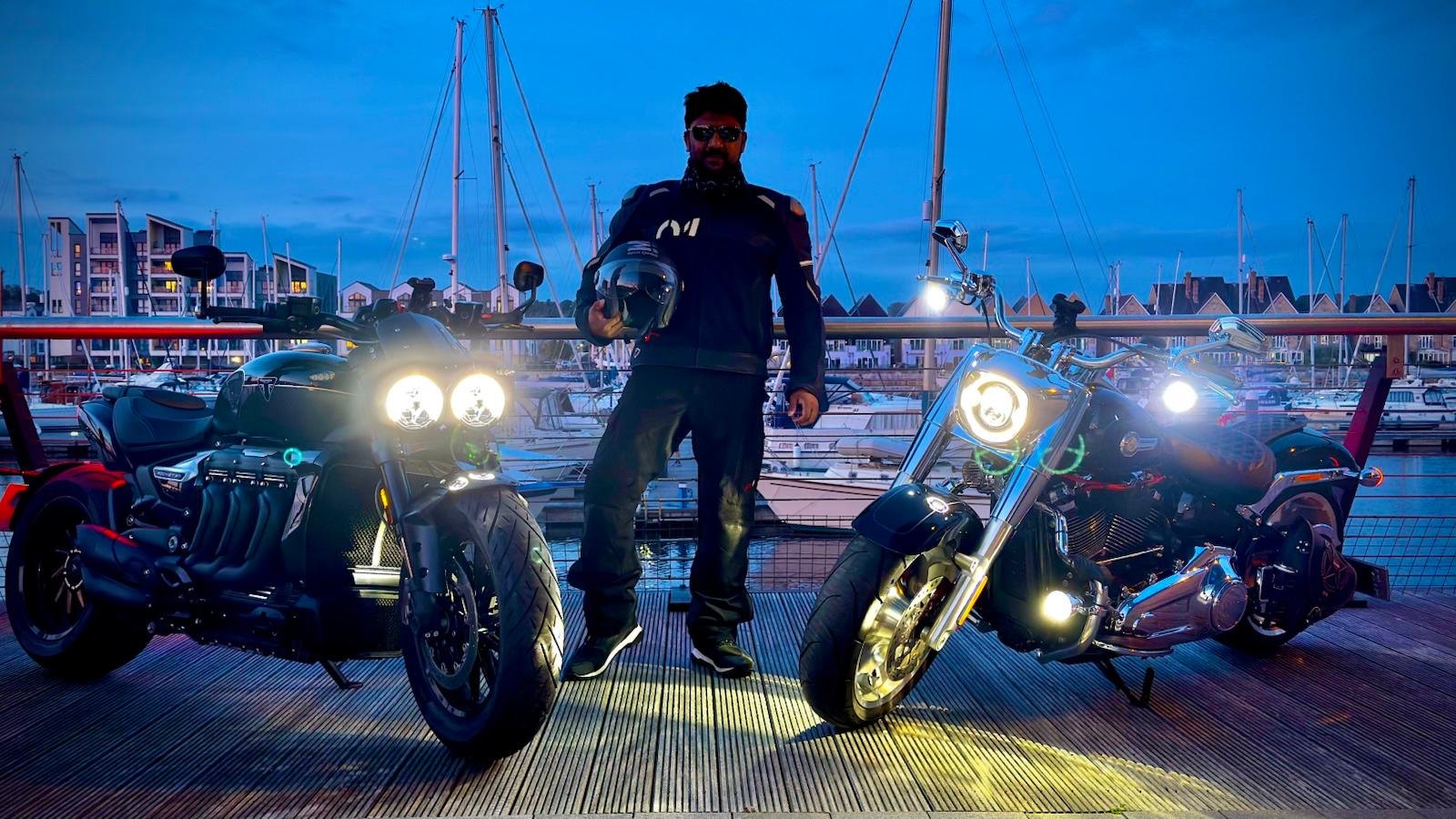 Rider between two bikes at the marina