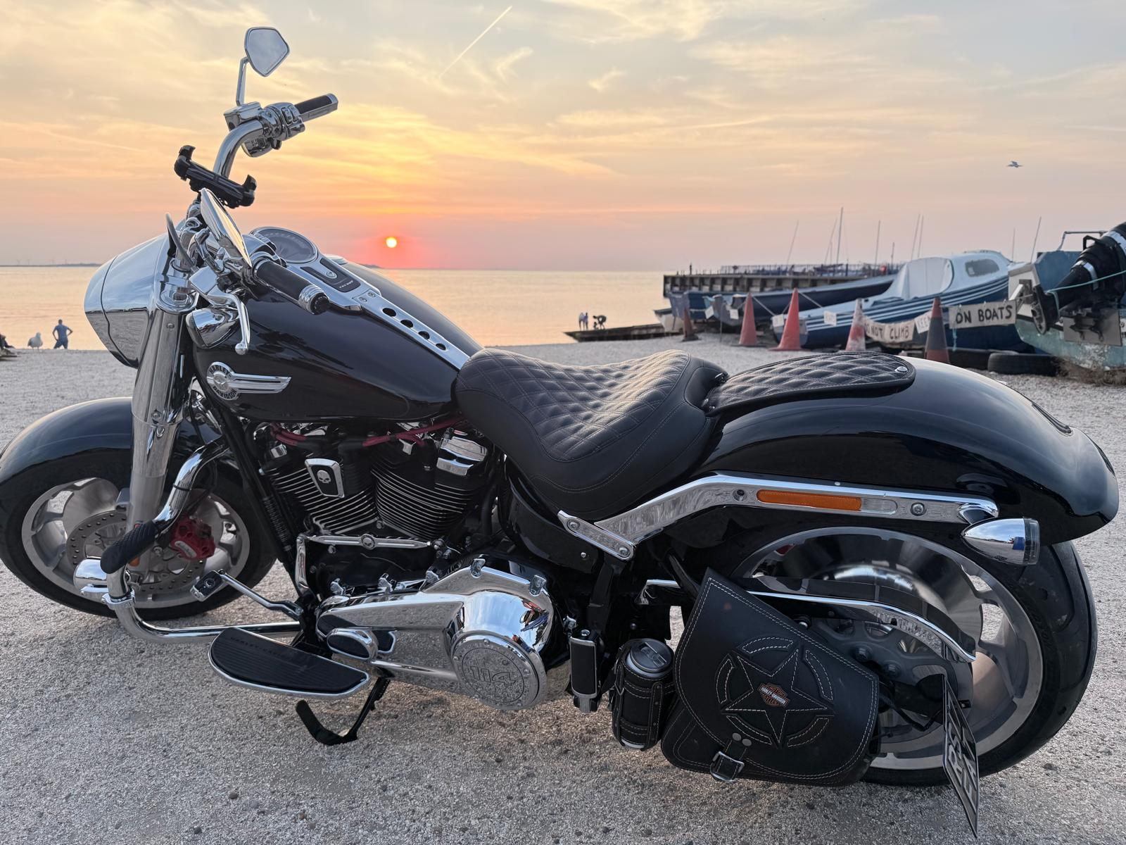 Harley-Davidson Fat Boy at sunset by the water